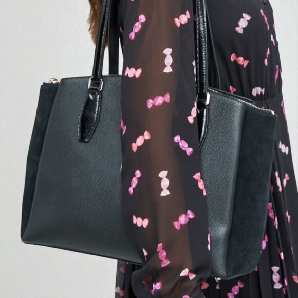 KATE SPADE (LG) TRIPLE COMPARTMENT TOTE Black Pebbled Leather and Suede Side - Picture 8 of 13